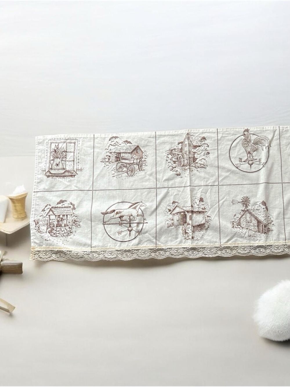Vintage Farmhouse Embroidered Lace Valance in Cream and Brown